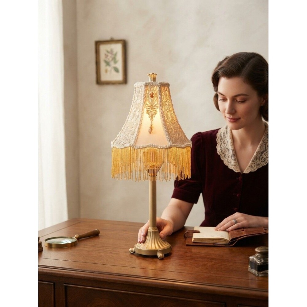 Vintage Gold Table Lamp Handcrafted Beaded Fringe Shade & Original Vintage Base